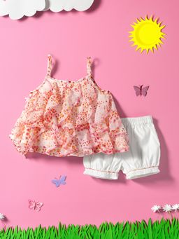 Nautinati - Girls Floral Printed Shoulder Straps Ruffled Top with Shorts (Set of 2)