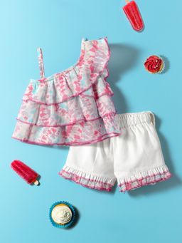 Nautinati - Girls Printed One Shoulder Layered Top with Shorts (Set of 2)