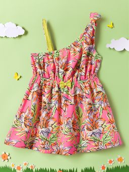 Nautinati - Infant Girls Floral Print One Shoulder Crepe Fit Flare Dress