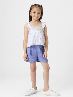 Nautinati - Girls White-Blue Embroidered Square Neck A-Line Top with Shorts (Set of 2)
