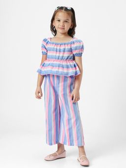 Nautinati - Girls Blue Striped Square Neck Puff Sleeves Top with Trouser (Set of 2)