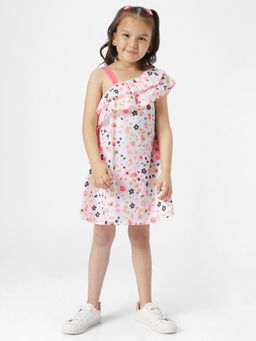 Nautinati - Girls White Printed Ruffled One Shoulder A-Line Dress