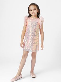 Nautinati - Girls Peach Embellished Flutter Sleeves Sequinned Net Sheath Mini Dress