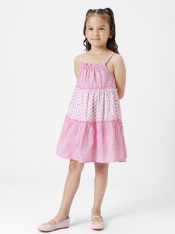 Nautinati - Girls Pink-White Polka Printed Sleeveless Shoulder Strap A-Line Dress