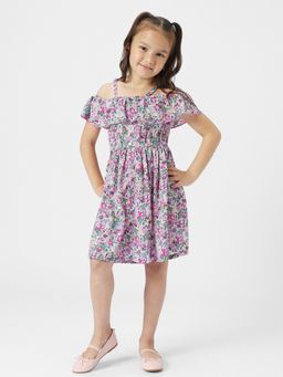 Nautinati - Girls Multicolor Floral Printed Shoulder Strap Fit and Flare Dress