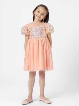 Nautinati - Girls Peach Embellished Round Neck Flare Dress