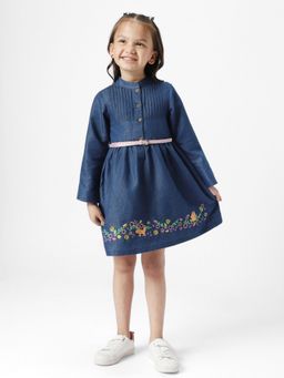 Nautinati - Girls Blue Floral Embroidered Mandarin Collar Dress with Waist Belt (Set of 2)