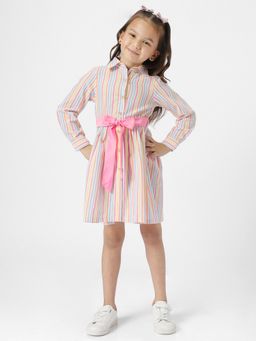 Nautinati - Girls Multicolor Vertically Striped Dress with Waist Belt (Set of 2)