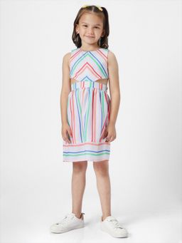 Nautinati - Girls White Striped Sleeveless Round Neck Waist Cutout Rayon Dress