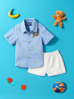 Nautinati - Boys Blue-White Embroidered Half Sleeves Casual Shirt with Shorts (Set of 2)