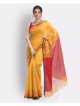 Angoshobha - Yellow Handloom Cotton Blend Saree with Unstitched