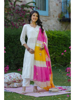EverBloom - Siya White Cotton Gotapatti Anarkali Kurta with Pants & Dupatta (Set of 3)
