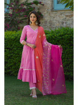 EverBloom - Aadhya Pink Cotton Gotapatti Anarkali Kurta with Pants & Dupatta (Set of 3)