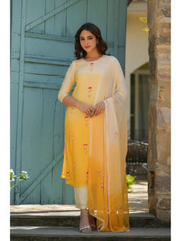 EverBloom - Shravya Yellow Hand Painted Kurta with Pants & Dupatta (Set of 3)