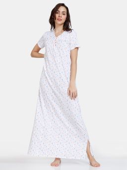 Zivame - Country Songs Knit Cotton Full Length Nightdress - Bright White