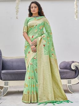 Odette - Green Heavy Woven Linen Saree with Unstitched Blouse