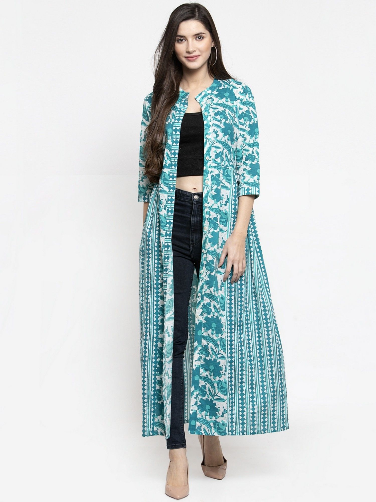 indibelle Cotton Turquoise Abstract Print 2 Side Kali A-line Shrug-picture-39
