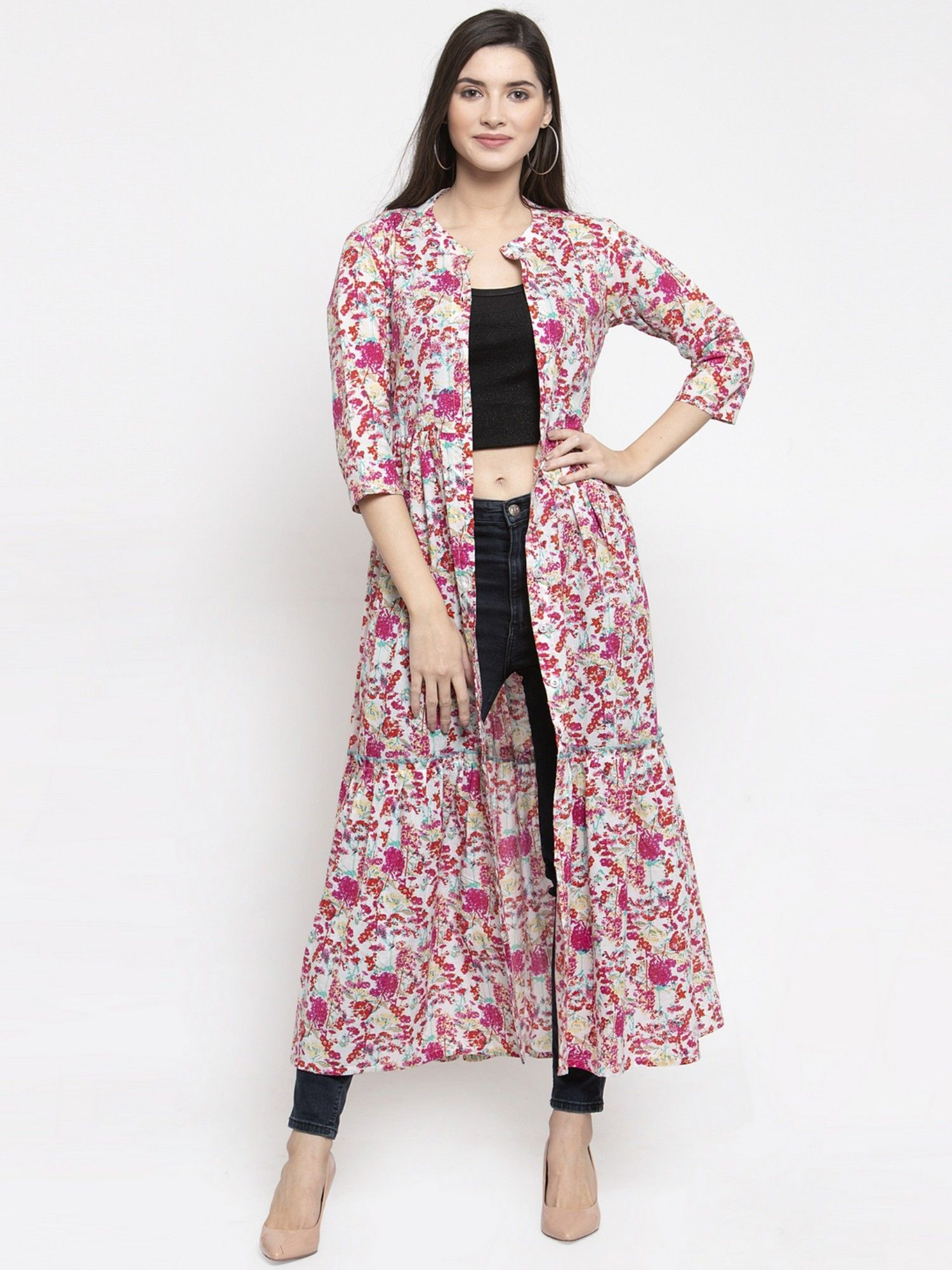 indibelle Cotton Pink Floral Print Front Slit A-line Shrug-picture-14