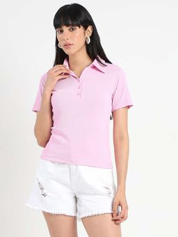 Madame - Women Pink Solid Polo T-Shirt