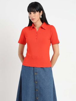 Madame - Women Red Solid Polo T-Shirt