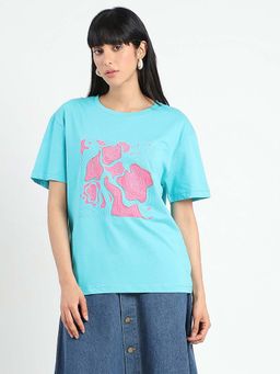 Madame - Women Aqua Printed T-Shirt