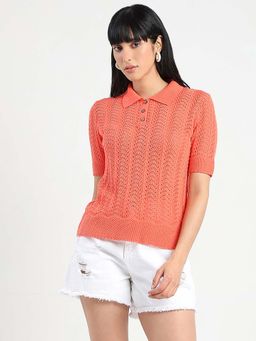 Madame - Women Coral Textured Polo T-Shirt