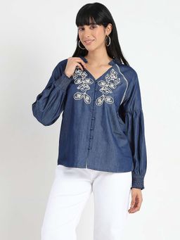 Madame - Women Navy Blue Embroidered Top