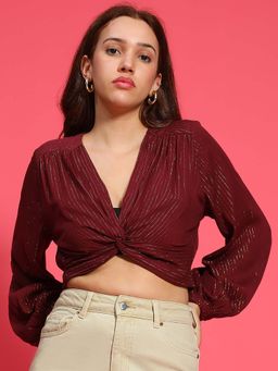 Oxolloxo - Women Maroon Woven Crop Top