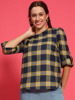 Oxolloxo - Women Navy Blue Checks Top