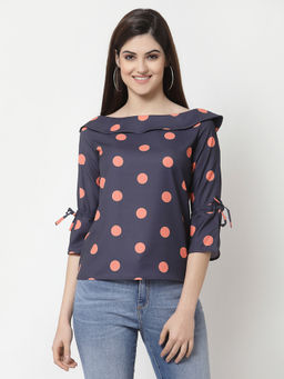 Style Quotient - women Navy and coral polka printed polycrepe smart casual top