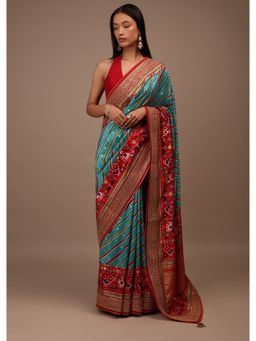 KALKI FASHION - Aqua Blue Saree In Silk Diagonal Stripes and Patola Print with Unstitched Blouse