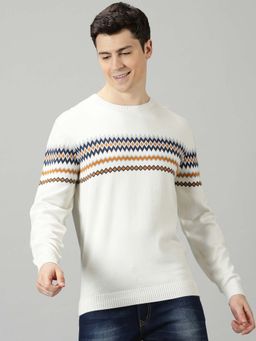 BLACK BUCK - Men White Colorblock Crew Neck Sweater