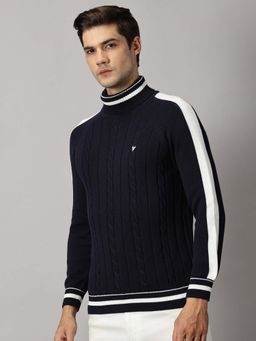 BLACK BUCK - Men Navy Blue Colorbock Turtle Neck Sweater