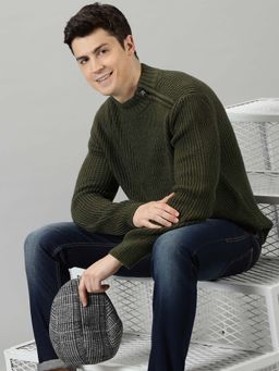 BLACK BUCK - Men Olive Textured High Neck Sweater