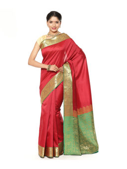 Banarasi Silk Works - Maroon Valkalam Katan Silk Anchal Saree with Unstitched Blouse