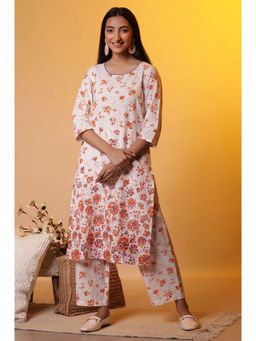 Aurelia - Women White Floral Print Cotton Kurta with Palazzos (Set of 2)