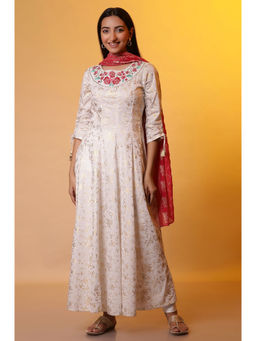 Aurelia - Women Off White Floral Print Rayon Anarkali Kurta with Leggings & Dupatta (Set of 3)