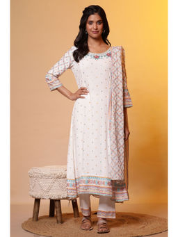 Aurelia - Women White Floral Print Rayon Kurta with Pant & Dupatta (Set of 3)