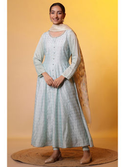 Aurelia - Blue Yarn-Dyed Anarkali Kurta, Leggings and Dupatta Set