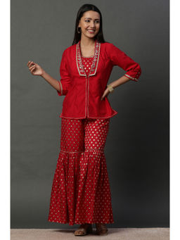 Aurelia - Women Red Embellished Rayon Top with Sharara & Shrug (Set of 3)