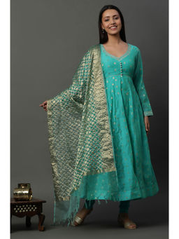 Aurelia - Women Green Striped Rayon Anarkali Kurta with Legging & Dupatta (Set of 3)