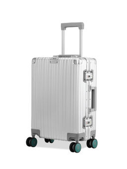 EUME - 100% Aluminium Check-In Small Luggage 50 Cm Silver with Green Wheel