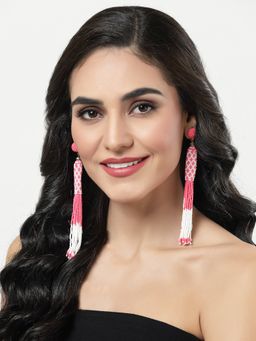 Moedbuille - Pink & Off White Beads Contemporary Tasselled Design Gold Plated Handcrafted Earrings