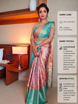Anjaneya Sarees - Peach Woven Banarasi Silk Kanjivaram Saree with Unstitched Blouse with Unstitched