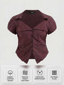 Cider - 100% Cotton Tartan Split Ruched Shirt Curve & Plus
