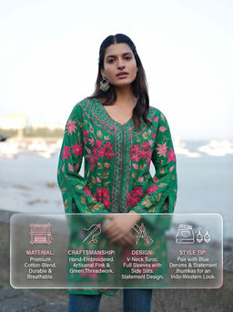 HOUSE OF KARI - Green Cotton Kashmiri Aari Embroidered Tunic