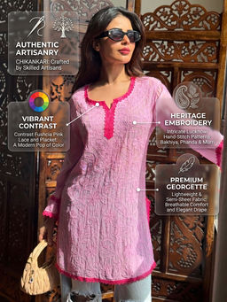 Label Aishwaryrika - Flora Rose Pink Chikankari Short Kurti