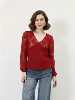 AAREIN - Red V-Neck Lace Full Sleeves Top
