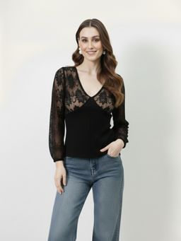 AAREIN - Black V-Neck Lace Full Sleeves Top