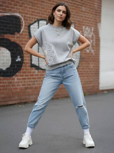 Grey Embroidered Oversized Top